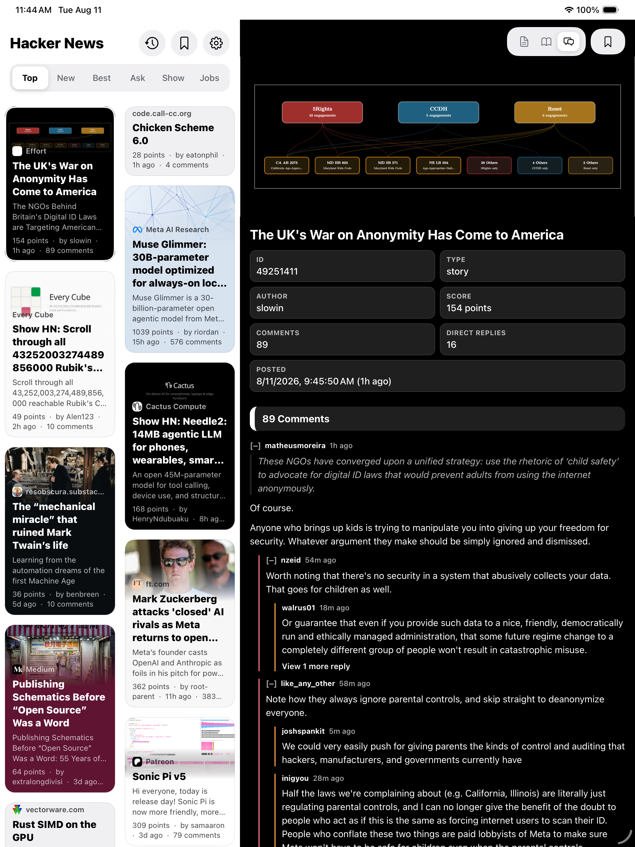 Hacker News Signal iPad story details and comments