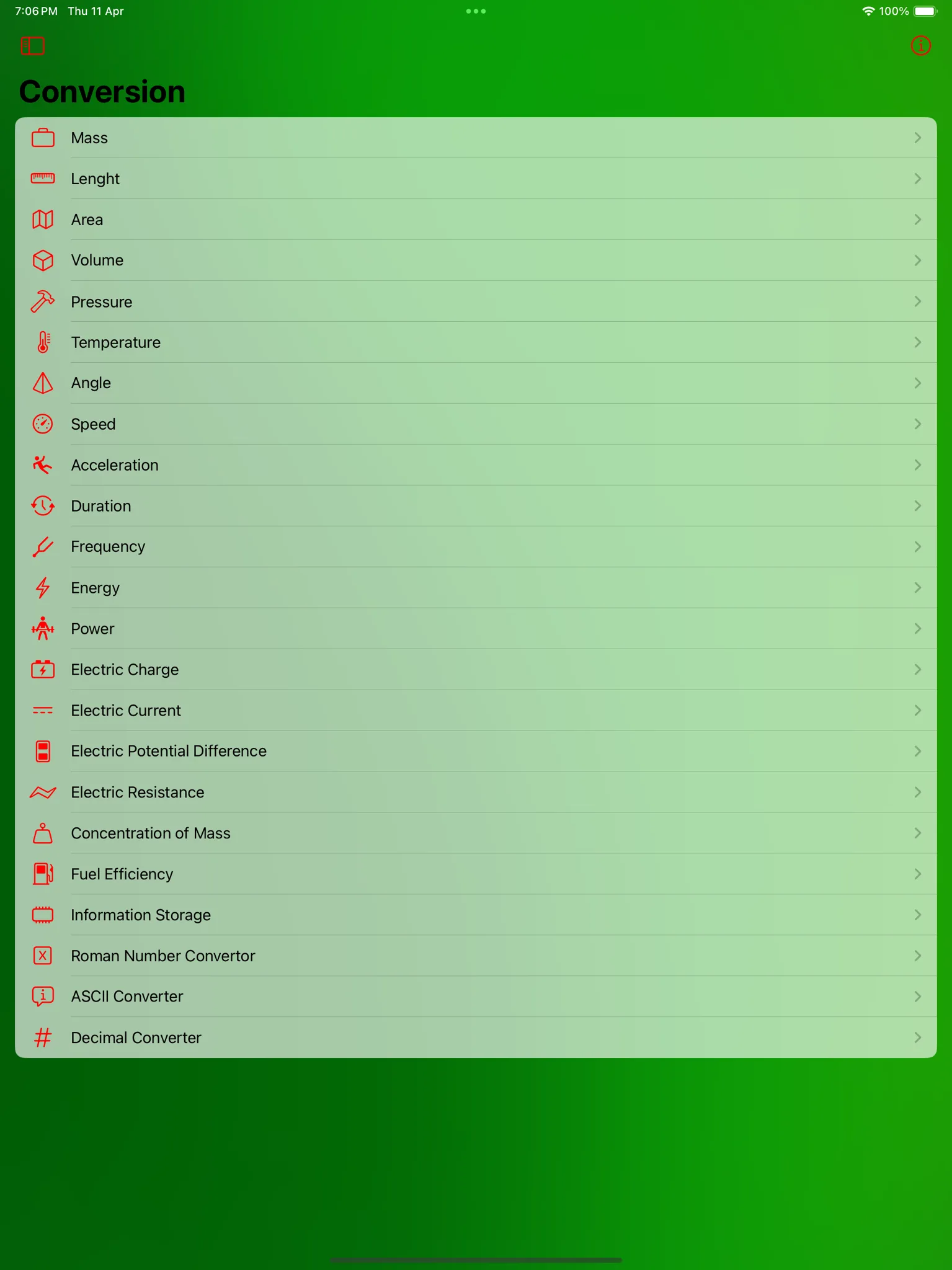 Toolinator conversion list on iPad