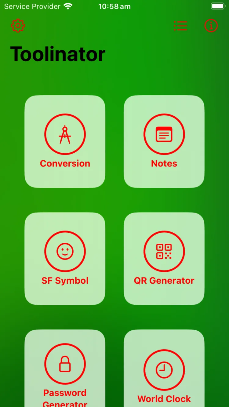 Toolinator home screen with tools in a grid